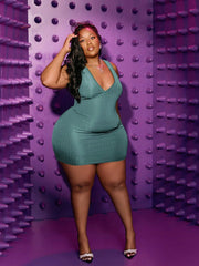 Plus Size Sleeveless Bodycon Dress - Rib-Knit, V Neck, Slim Fit, Mini Length