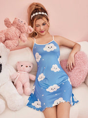 Summer Casual Cloud Print Ruffle Hem Comfortable Cami Sleep Pajama