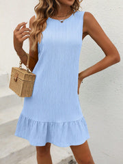 Cute Summer Sleeveless Dress - Button Details, Ruffle Hem, Drop Waist, Non-Stretch Fabric