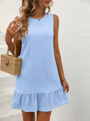 Cute Summer Sleeveless Dress - Button Details, Ruffle Hem, Drop Waist, Non-Stretch Fabric