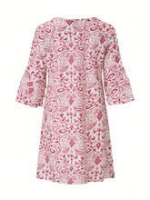 Boho V-Neck Tunic Dress - Printed, Ruffle Sleeve, Knee Length, Loose Fit, 100% Polyester