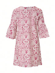 Boho V-Neck Tunic Dress - Printed, Ruffle Sleeve, Knee Length, Loose Fit, 100% Polyester