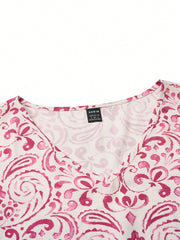 Boho V-Neck Tunic Dress - Printed, Ruffle Sleeve, Knee Length, Loose Fit, 100% Polyester