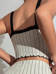 Women Splicing Lace Bow Detail Decorated Cami Top Pajamas