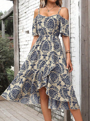 Boho Tribal Print Cold Shoulder Ruffle Hem Dress - High Low, A-Line, Midi Length