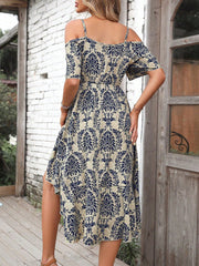 Boho Tribal Print Cold Shoulder Ruffle Hem Dress - High Low, A-Line, Midi Length