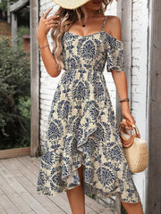 Boho Tribal Print Cold Shoulder Ruffle Hem Dress - High Low, A-Line, Midi Length