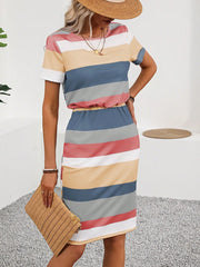 Colorful Striped Casual Dress with Pockets, Mid-Calf Length, Short Sleeve, Round Neck