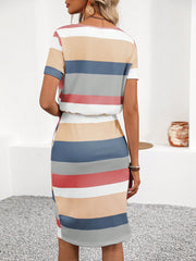 Colorful Striped Casual Dress with Pockets, Mid-Calf Length, Short Sleeve, Round Neck