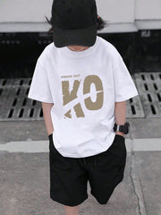 Tween Boy 2025 Summer Casual Letter Print Round Neck Short Sleeve T-Shirt