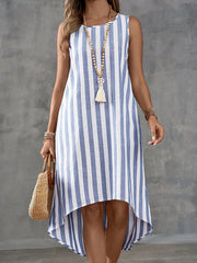 Island Vacation Striped Sleeveless Dress - Casual, High Low, Asymmetrical Hem, Cotton Blend