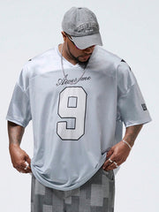 Men's Plus Size V-Neck Casual Loose Fit Knitted T-Shirt with Letter Pattern