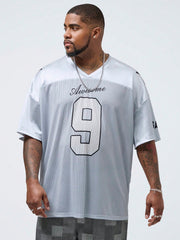 Men's Plus Size V-Neck Casual Loose Fit Knitted T-Shirt with Letter Pattern