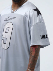 Men's Plus Size V-Neck Casual Loose Fit Knitted T-Shirt with Letter Pattern