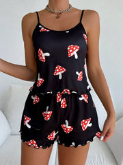 Women's Cartoon Mushroom Printed Camisole Tank Top And Shorts Pajama Set