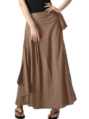 Solid Pocket Knotted Pleated Cotton Casual Skirt