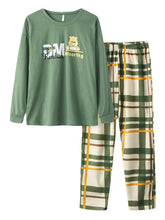 Women's Cartoon Bear Print Pajama Set - Plaid Pants, O-Neck, Elastic Waist