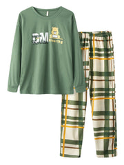Women's Cartoon Bear Print Pajama Set - Plaid Pants, O-Neck, Elastic Waist