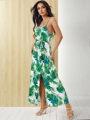 Tropical High Slit Backless Belt V-neck Summer Sleeveless Dress
