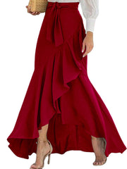 Solid Color High Waist Ruffle High Low Hem Swing Maxi Skirts For Women