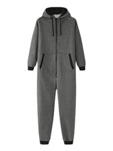 Men Cotton Solid Hooded Pocket Long Sleeve Home Jumpsuit Zipper Sleepwear