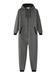 Men Cotton Solid Hooded Pocket Long Sleeve Home Jumpsuit Zipper Sleepwear