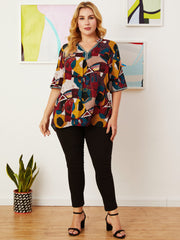 Plus Size Women Abstract Print V-Neck Half Sleeve Vintage Blouses