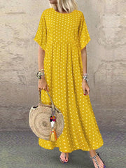 Women Polka Dot Print Short Sleeve O-neck Maxi Dress