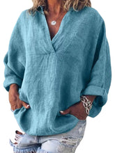 Women Casual V-neck Long Sleeve Pocket Loose Cotton Blouse