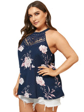Plus Size Backless Design Floral Print Halter Sleeveless Tank Top Blue