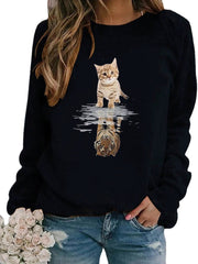 Women Cartoon Animal Cat Print Pullover Long Sleeve Cute Sweatshirts