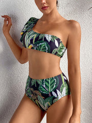 Tropical Plant Print One Shoulder Bandage Backless High Waist Green Bikinis Swimwear