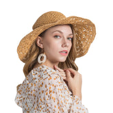 Woman Solid Color Large Edge Cap Travel Shade Straw Hat With Fine Needle Leather Rope