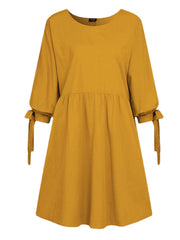 Women Solid Color Pleating Knotted 3/4 Sleeve O-Neck Casual Daily Loose Mini Dress