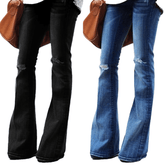 Female Hole Mid Waist Stretch Slim Flare Jeans - Sheseelady