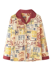 Women's Vintage Chinese Print Cotton Pajama Set - Button Up, Long Sleeve, Elastic Waist