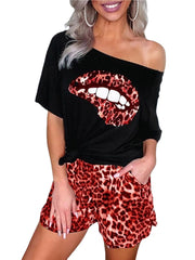 Casual Off Shoulder SLips Print T-shirts Leopard Print Shorts Two Pieces Sets