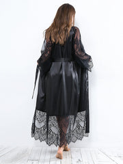 Silky Lace Patchwork Long Sleeve Maxi Nightgown with Belt