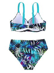 Women's Swimwear Bikini 2 Piece Normal Swimsuit Backless Push Up Printing High Waisted Leaf Blue V Wire Bathing Suits New Vacation Sexy / Modern
