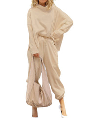 Women Plain Loose High Neck Tops Harem Pants Casual Two-Piece Set