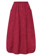 Women Corduroy Button Trim Elastic Waist Solid Retro Skirt With Pocket