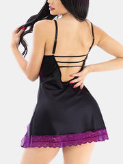 Women's Lace Trim Faux Silk Plunge Chemise Nightgown with Side Split