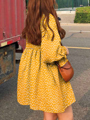 Women Floral Printing Pleating Ruffle Sleeve O-Neck Casual Holiday Mini Dress