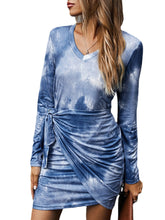 Women Tie-Dye Knotted V-Neck Long Sleeve Regular Fit Casual Mini Dress