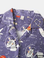Women's Cartoon Animal Space Print Cotton Pajama Set with Pockets and Elastic Waist