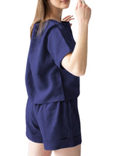 Leisure Solid Elastic Waist Pocket Short Sleeve Cotton Suit