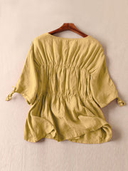 Leisure Solid Tie-Up At Cuff Ruched Round Neck Cotton Blouse