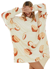 Women's Cartoon Bread Print Cozy Blanket Hoodie with Kangaroo Pocket