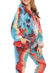 Women's Tie Dye Fleece Hoodie & Pants Pajama Set - Casual Sleepwear with Kangaroo Pocket