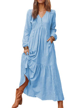 Women Solid Color V-neck Button Pleated Long Sleeve Vintage Maxi Dress